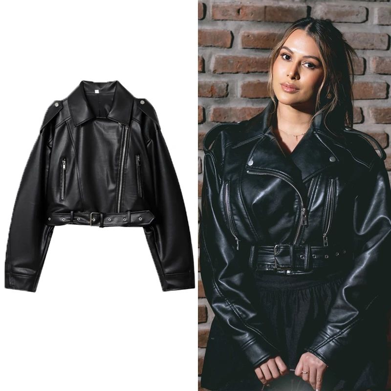 

Женская черная куртка из искусственной кожи, осенняя верхняя одежда, ветрозащитные топы с длинными рукавами, женская куртка на молнии, укороченное пальто для женщин