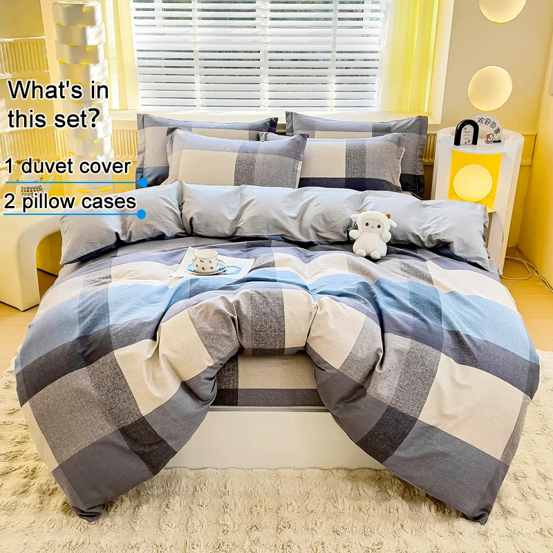 Plaid Print 100% Cotton Duvet Cover Set Breathable Sweat-absorbent Bedding Set with 2Pillowcases Adults Kids Comforter Cover Set