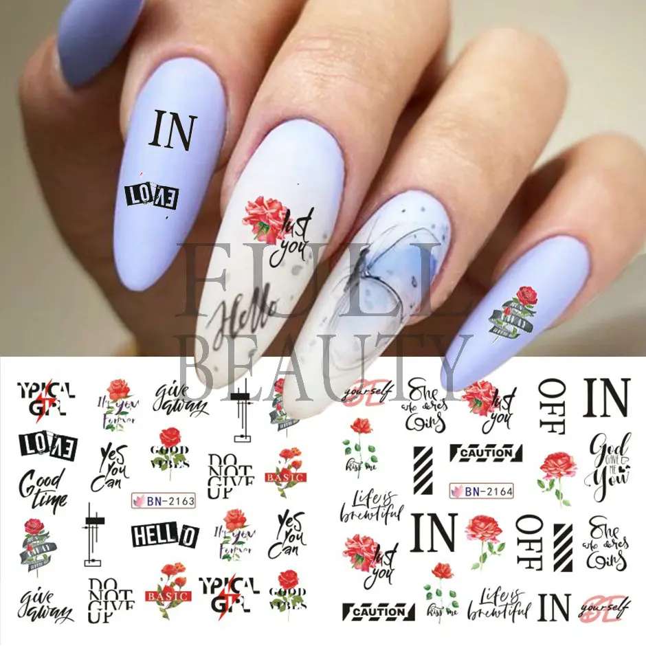 English Letter Line Water Stickers for Nails Rose Leaves Transfer Sliders Decals Leopard Print Manicure Decoration GLBN2161-2172