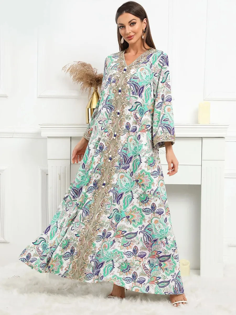 

Women Maxi Dress Fancy Printing Muslim Party Evening Embroidered Vestidos Modest Kaftans Dubai Moroccan Clothes Long Jalabiya