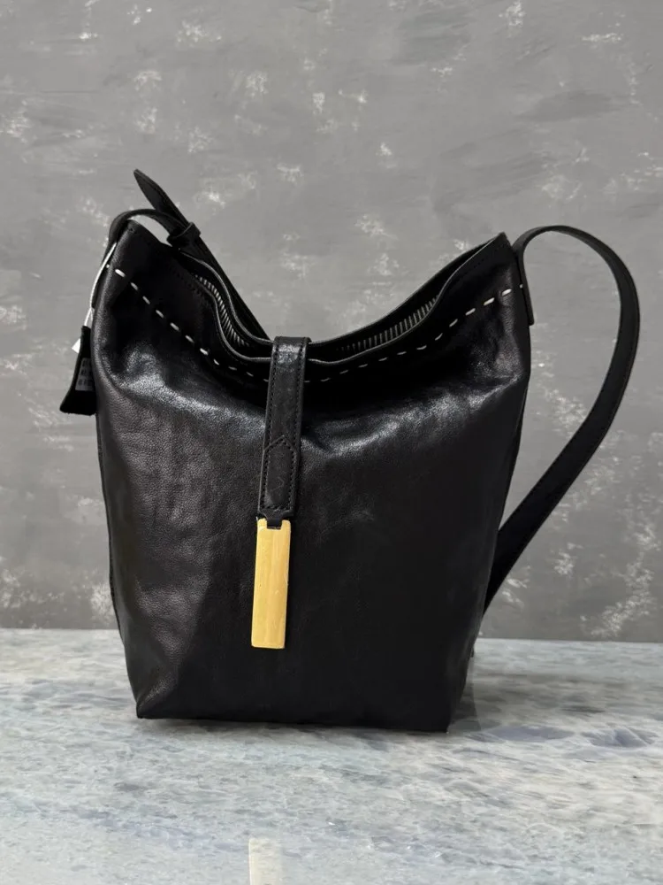 Concise Female Hasp Genuine Leather Leisure Bags Versatile Ladies Handbag Handmade Solid Color Cowhide Single Shoulder Bag