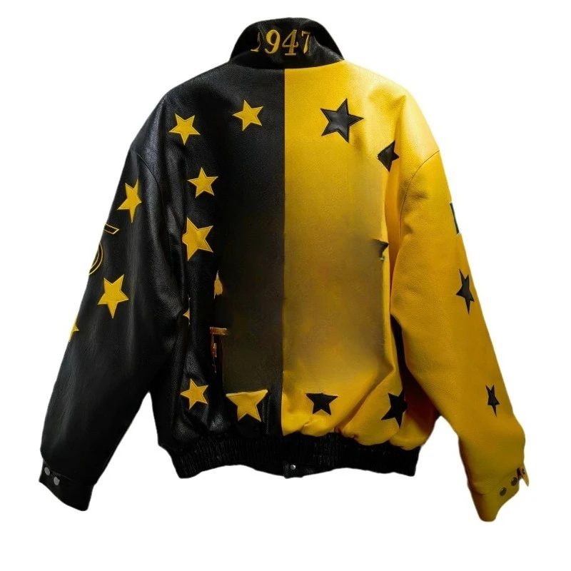 

American cycling splicing 10,000 needles embroidery locomotive vintage casual loose off-road motorcycle leather jacket