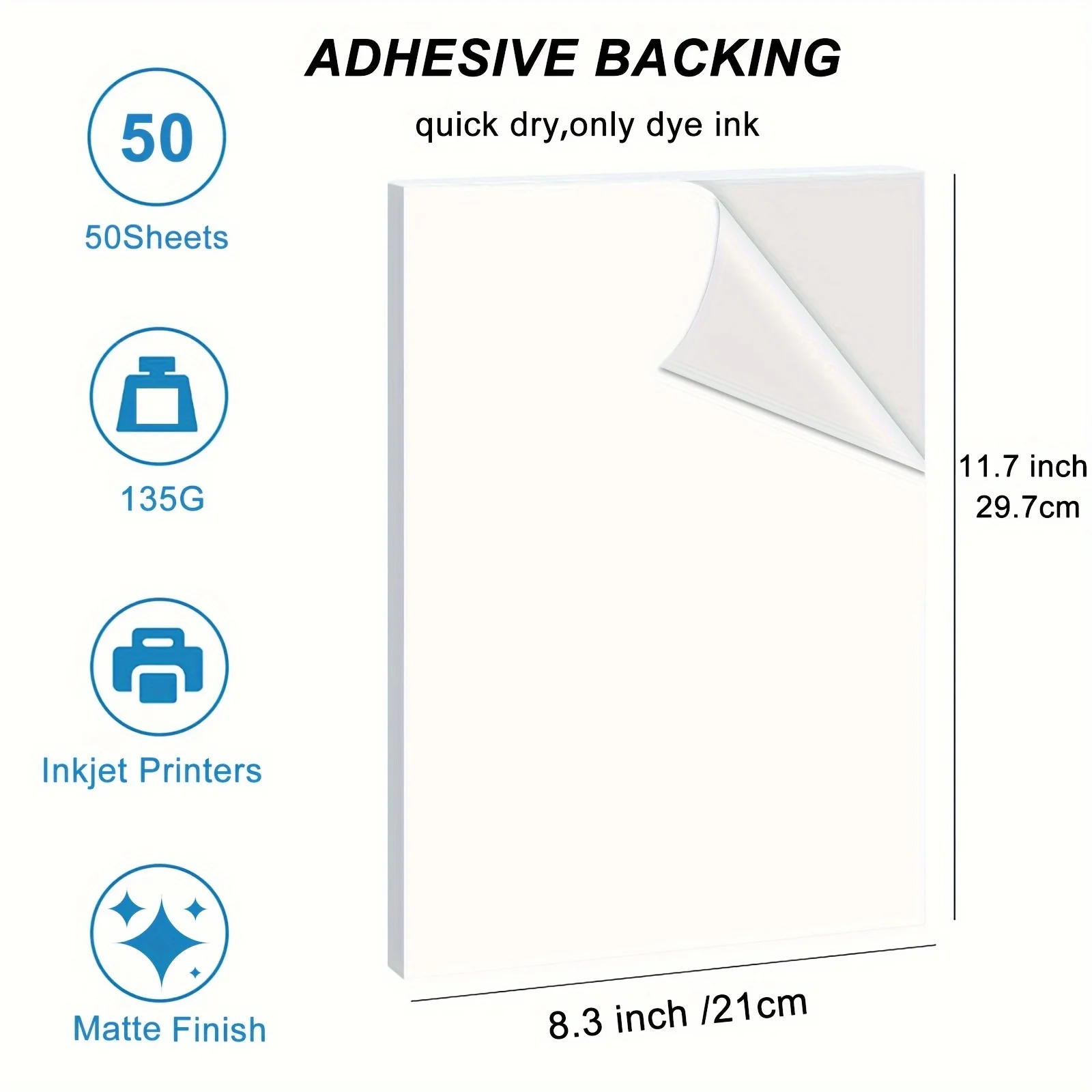 ESHANG 50 Sheets A4 135G Self-Adhesive Inkjet Photo Paper, Matte Finish Sticker Paper for Inkjet Printer, 8.3 x 11.7 Inch, 36Ib