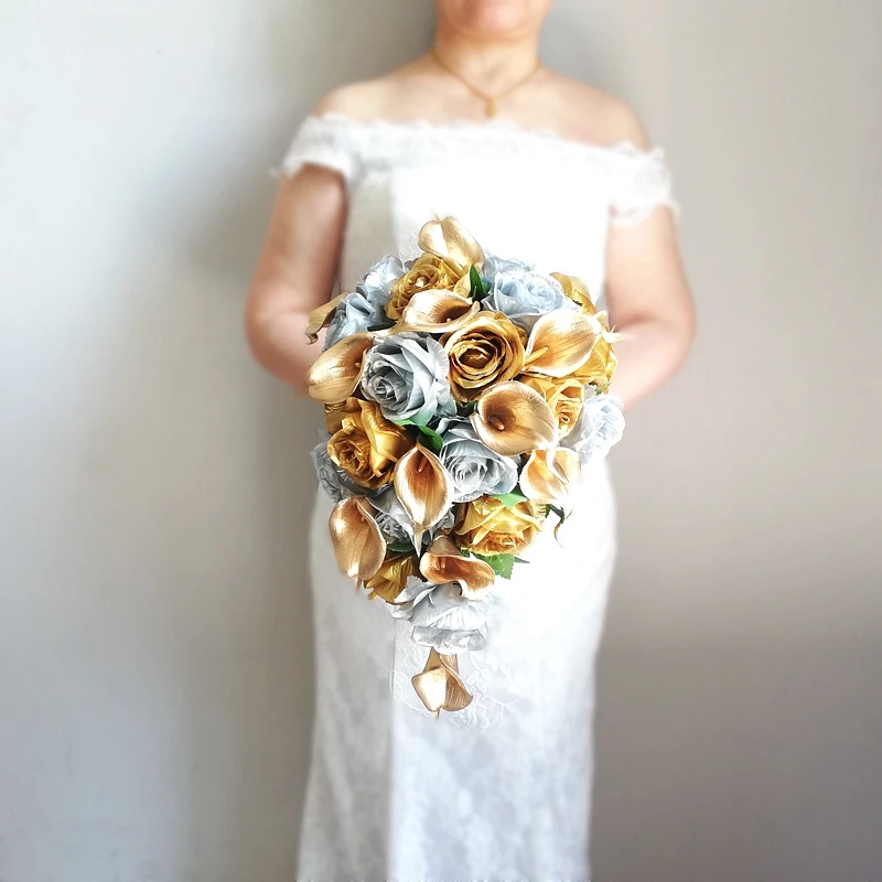 

Luxury Artificial Wedding Bouquet 40cm Gold with Gery Calla Lilies - Bride Bridesmaid Flowers for Ceremony Reception