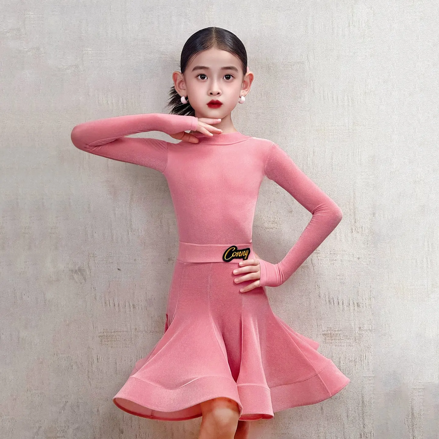 Kinder Latin Dance Kleid Für Wettbewerb Mädchen Langarm Performance Anzug Hoher Kragen Latin Set Rosa Cha Cha Kleidung 2181