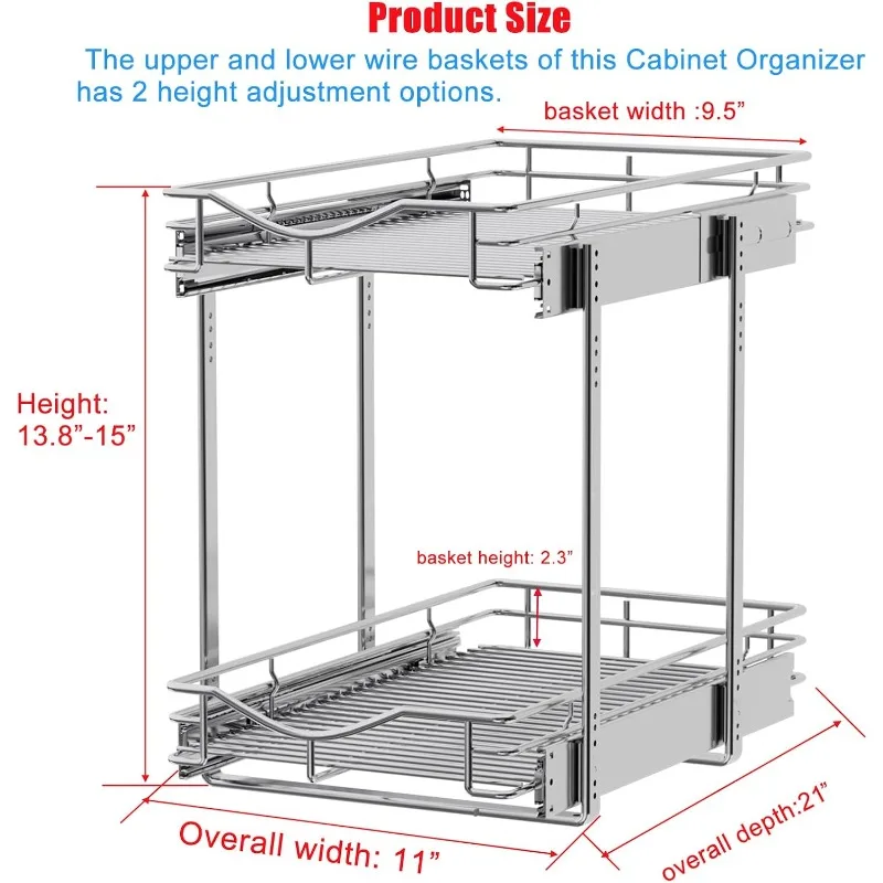 2 Tier Pull Out Cabinet Organizer  Shelf Storage for Kitchen Base Cabinet Organization ​for Kitchen, Pantry, Bathroom, Chrome