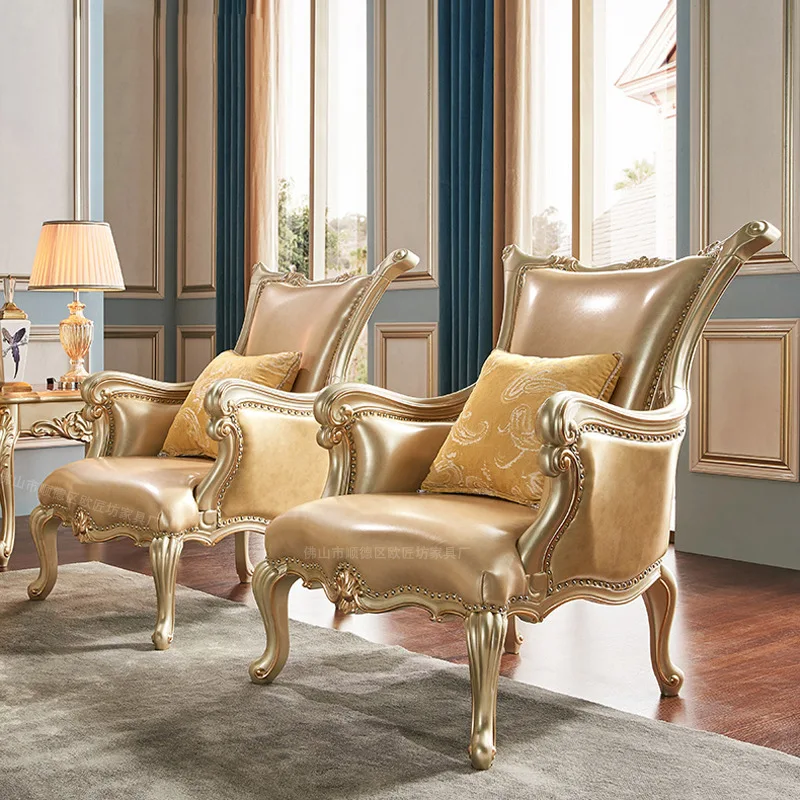 Leather sofa solid wood double-sided engraved European style