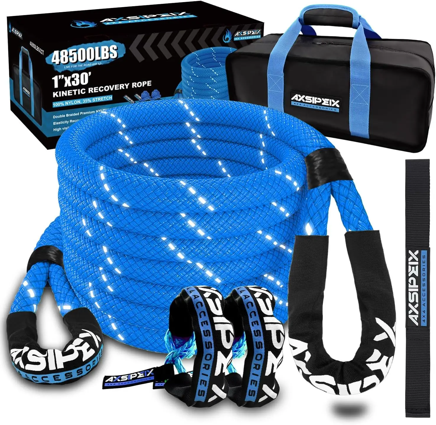 Kinetic Recovery Rope Kit (Reflective), 1in x 30ft 48,500Lbs, 35% High Elasticity, w/ 2 Soft Shackles, 16,166Lbs Work Load