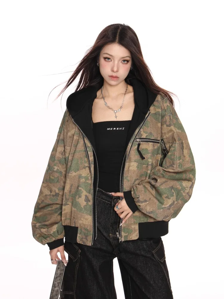 

Women's White Winter Camouflage Jacket Thicken Warm Padded Coat Long Sleeve Cropped Overcoat 2000s Vintage Outerwear 2025