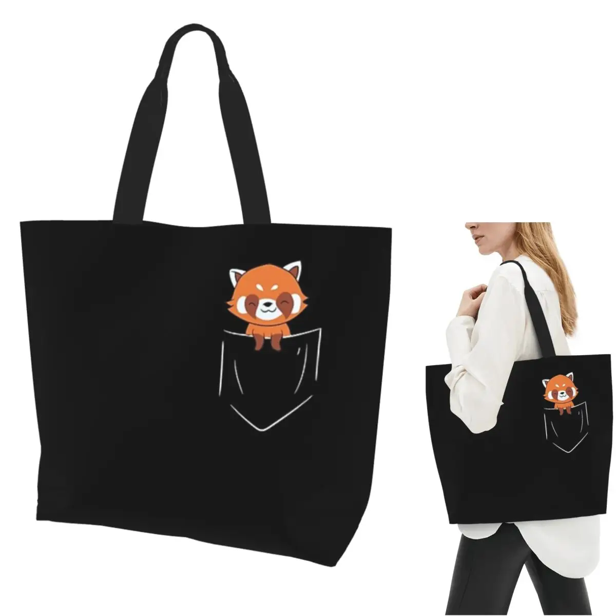 Pocket Red Panda Bears (8) Shopping Tote Bag Canvas Large Capacity Shoulder Bags Shopper Grocery Handbag for Women
