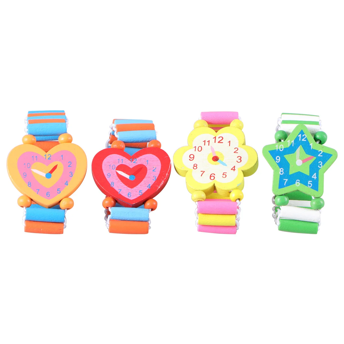 

5pcs Wooden Kids Wristwatch Playthings Creative Cartoon Watch Stretchy Band Smooth Surface For Children Fresh Style Wristwatch