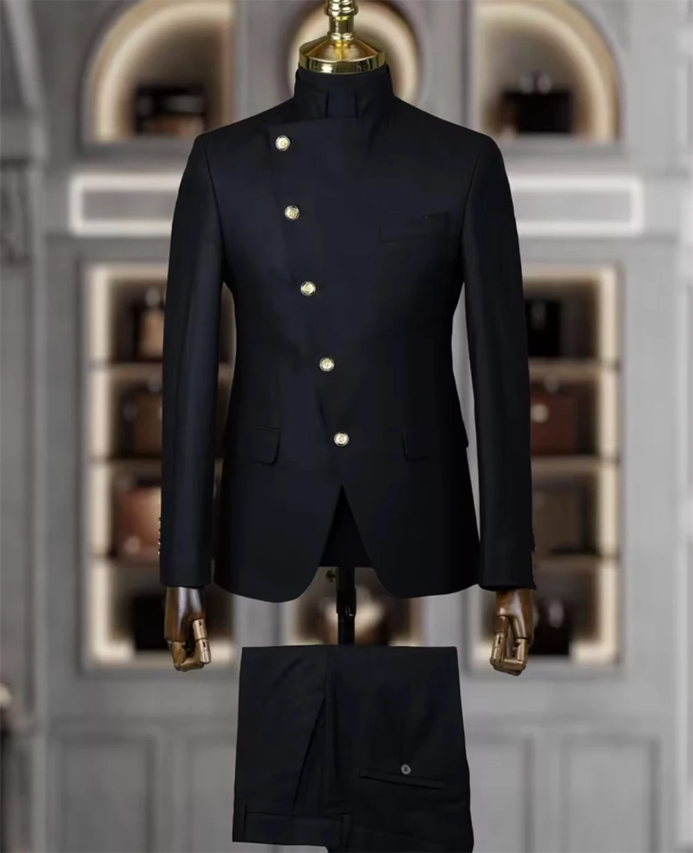 Tailor Made Men's Suit Sets 2 Pcs East Style Slim Fit Formal Indian Middle Stand-Up Collar Suit for Men Slant-Breasted Wedding