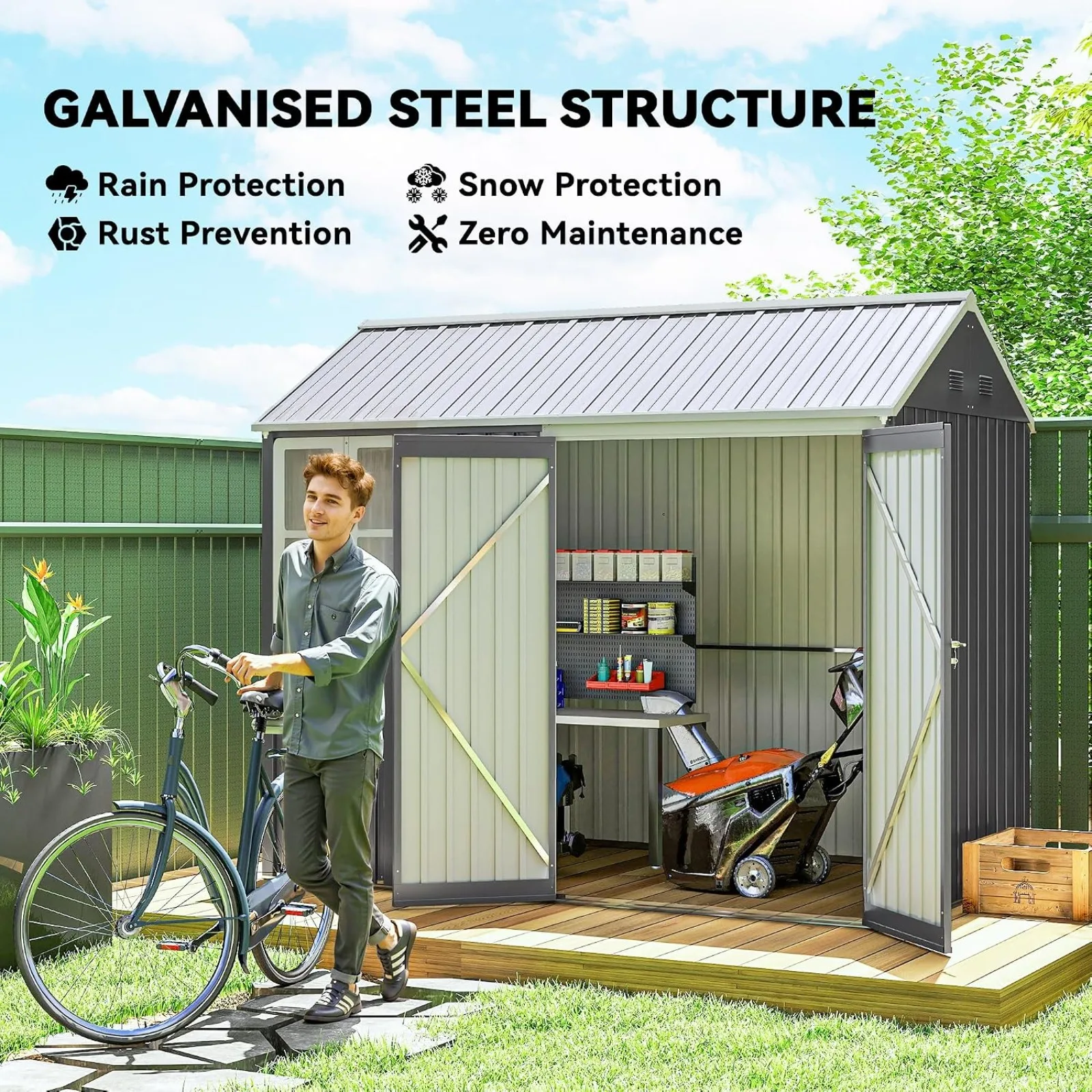 Outdoor Storage Shed Metal Garden Shed Window Gray | Double Lockable Door, Outdoor Tool Shed Storage, Sloped Roof, Backyard, Patio, Garage, Lawn