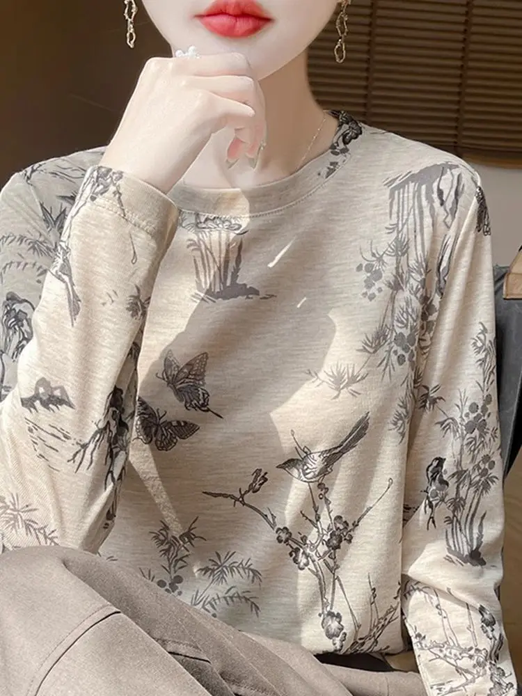 

Весенне-осенняя шелковая длинная футболка Sve, женская базовая круглая футболка Ne, тонкий свободный универсальный топ с животным принтом, удобный крой