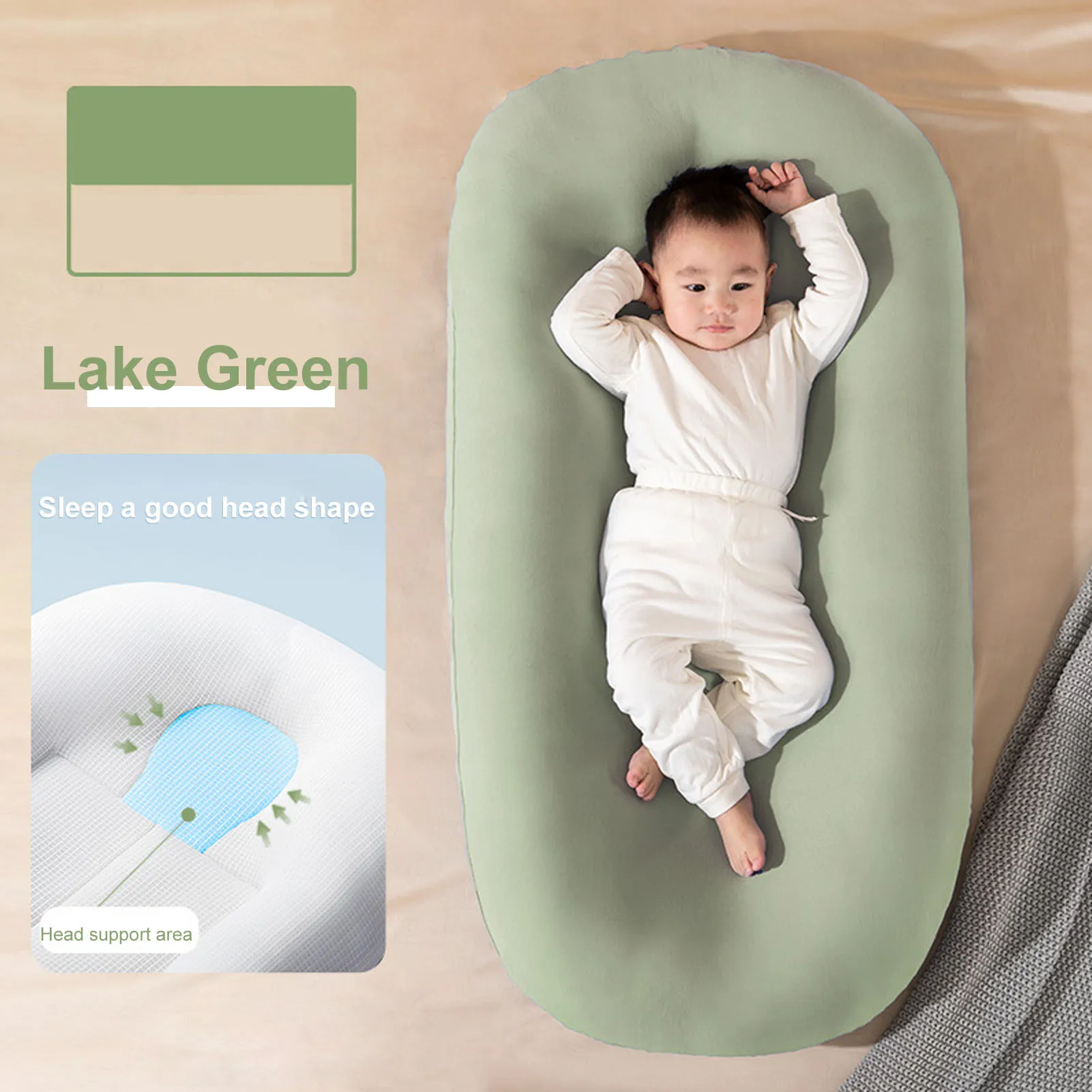 ZK30 Baby Nest Pillow Ergonomic Soft Touch Skin Friendly Easy Clean Baby Lounger Pillow for Boys Girls Lake Green