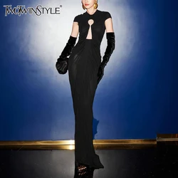 TWOTWINSTYLE Solid Spliced Hollow Out Dresses for Women Round Neck Short Sleeve Patchwork Folds Temperament Dress Female Style