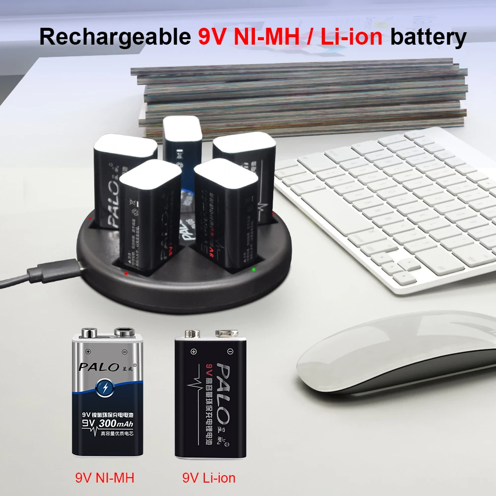 PALO 9V 6F22 Battery Ni-MH Rechargeable 9 Volts Batteria for Multimeter Microphone Guitar Metal Detector Smoke Alarm