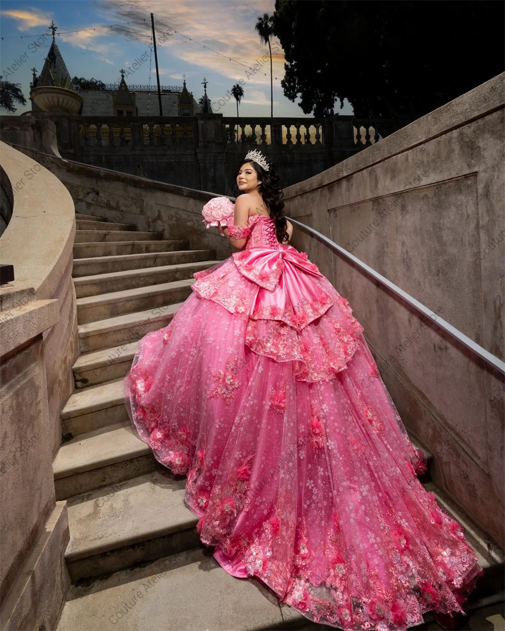 Pink Flowers Sweetheart Princess Quinceanera Dresses Ball Gown Sweet Sixteen Dress Wedding Gowns Tulle vestidos de 15 quince