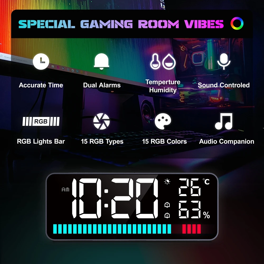 RGB Rhythm Light Bar LED Dual Alarm Clock 15 Display Color Sound Night Light Digital Temperature Humidity Meter Audio Companion