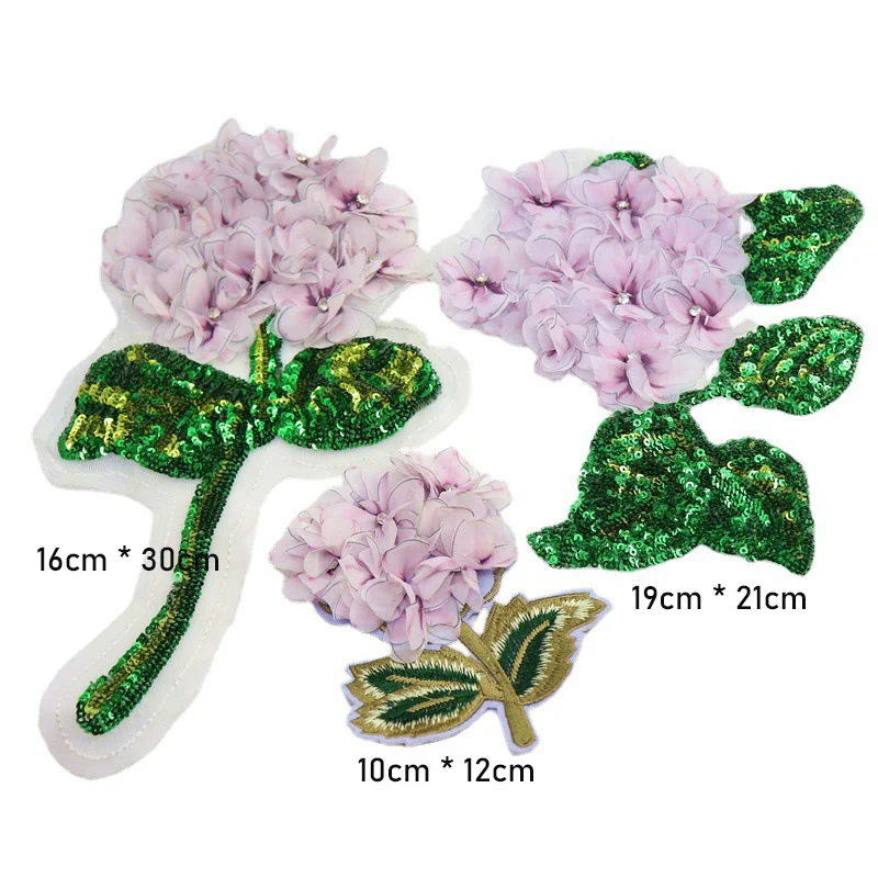 Big Size Shining Beaded Sequins Light Purple Flower Patch Green Leaf DIY Dress Clothes Accessories