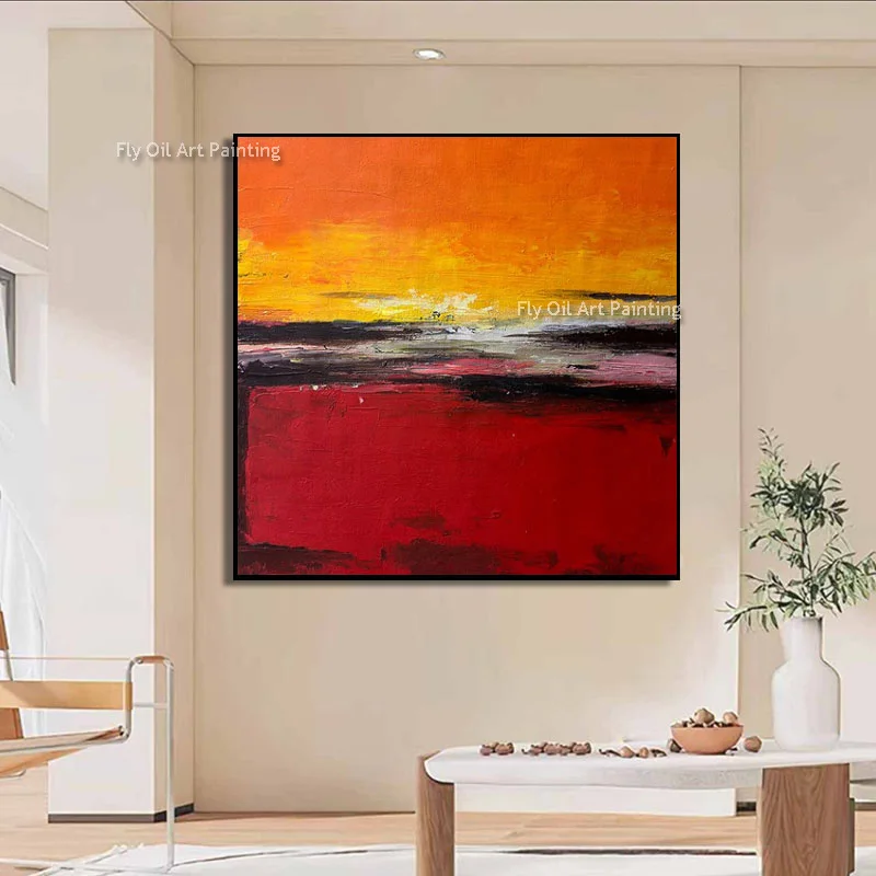 Thick Impasto Hand Painted Sunset Reflection Art, Red Orange Oil Canvas, Entryway Decor Wall Art