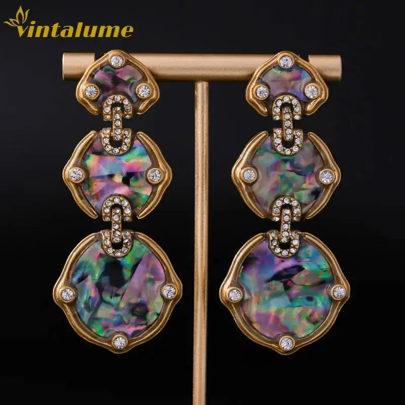 

Vintage Abalone Shell Drop Earrings Gold Plated Crystal Chain Statement Party Gift Jewelry Vintalume
