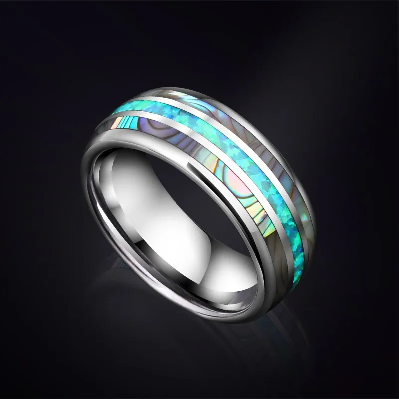 Loyal Moon Tungsten Rings For Men 8mm Inlay Opal And Shell Engagement Jewelry Elegant Comfort Fit,Customized