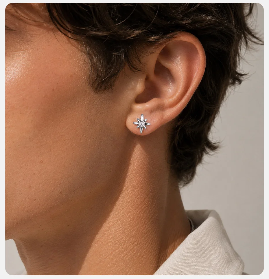 Vnox Edelstahl-Ohrstecker in Form eines achteckigen Sterns, weiße Zirkonia-Nordstern-Ohrringe für Herren, Punk-Minimalist-Schmuck für die Ohren, Geschenkidee. – Detail 2