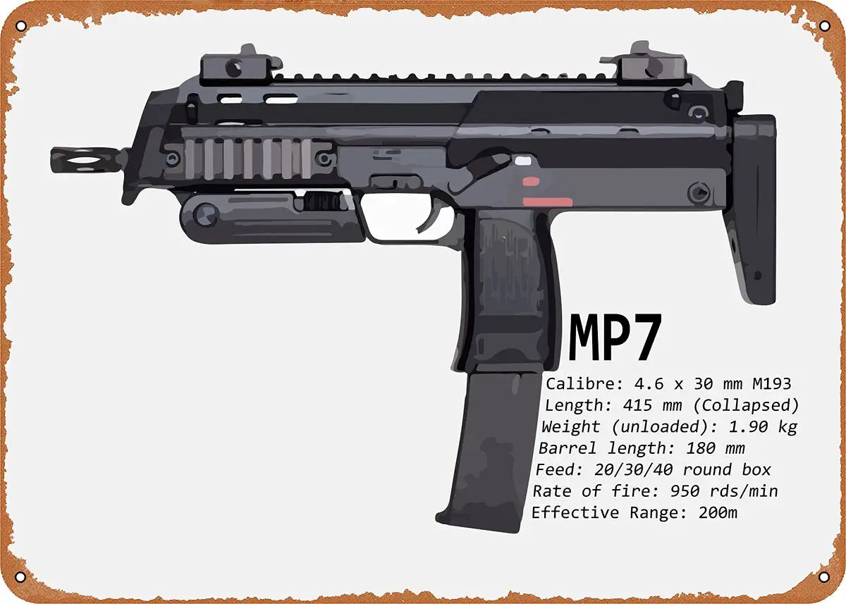 

MP7 PDW Sub-пулемет, металлический жестяной знак, Настенный декор, мужская пещера, военный веер, подарок для дома, бара, паба, декоративные военные Плакаты 12x8 дюймов