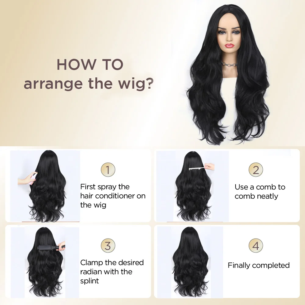 WIGNEE28 Inch Long Body Wave Wig Synthetic Hair Black Wigs for Women Tanie peruki na sprzedaż Wyprzedaż Włókno termoodporne Codzienne użytkowanie