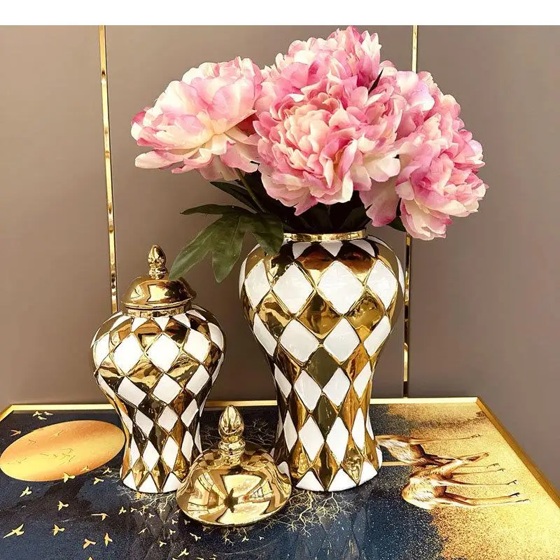 Check Gold-plated Ceramic General Storage Jar Ginger Jars White Porcelain Jewelry Box Desk Decoration Flower Vase