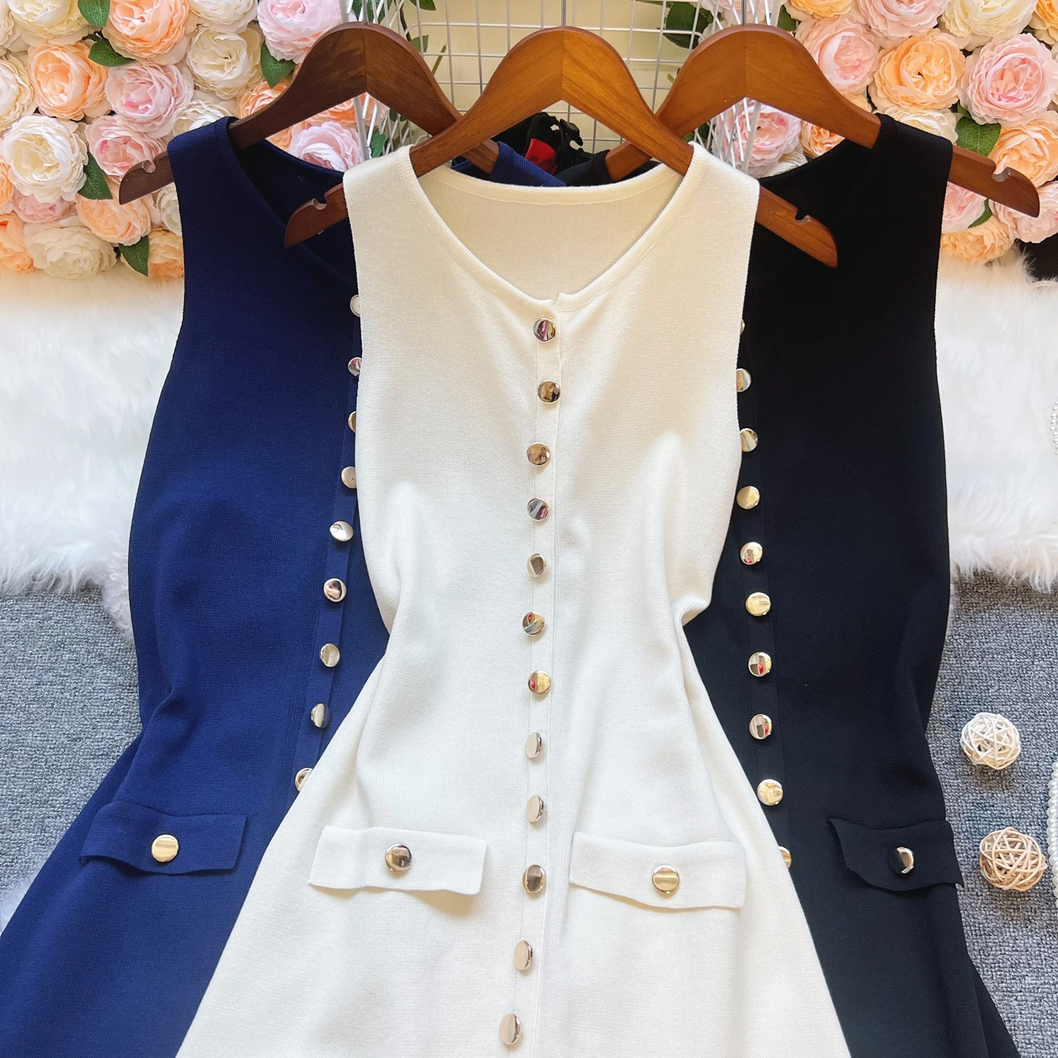 YuooMuoo Chic mode tricoté Maxi robe femmes Vintage simple boutonnage sans manches moulante robe pull élégante dame Robes de soirée