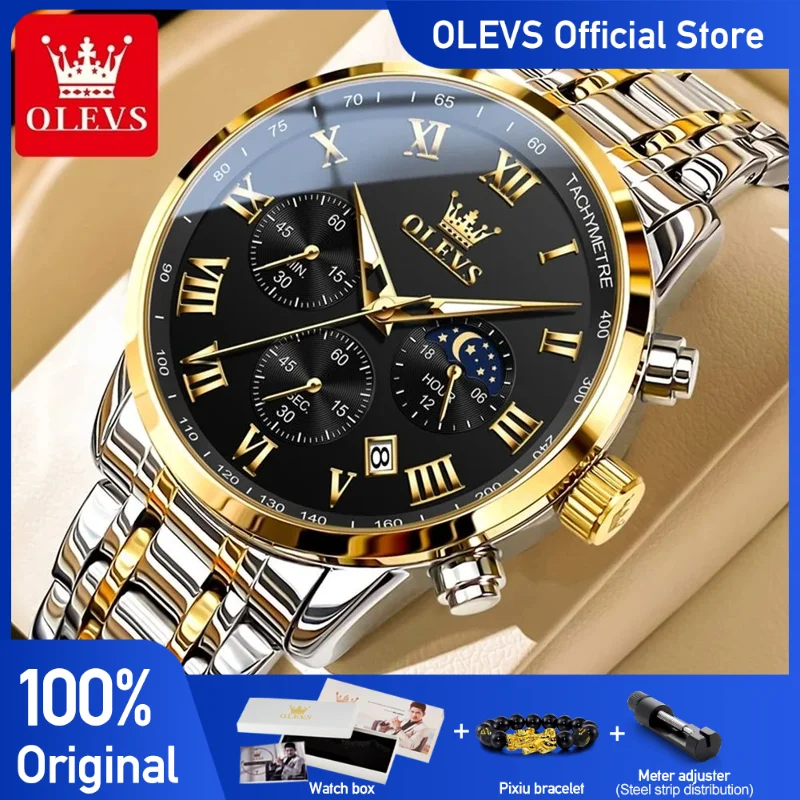 OLEVS 5529 Montre-браслет классический из кварца для мужчин, многофункциональный хронограф, фаза de lune originale, 24, 3)