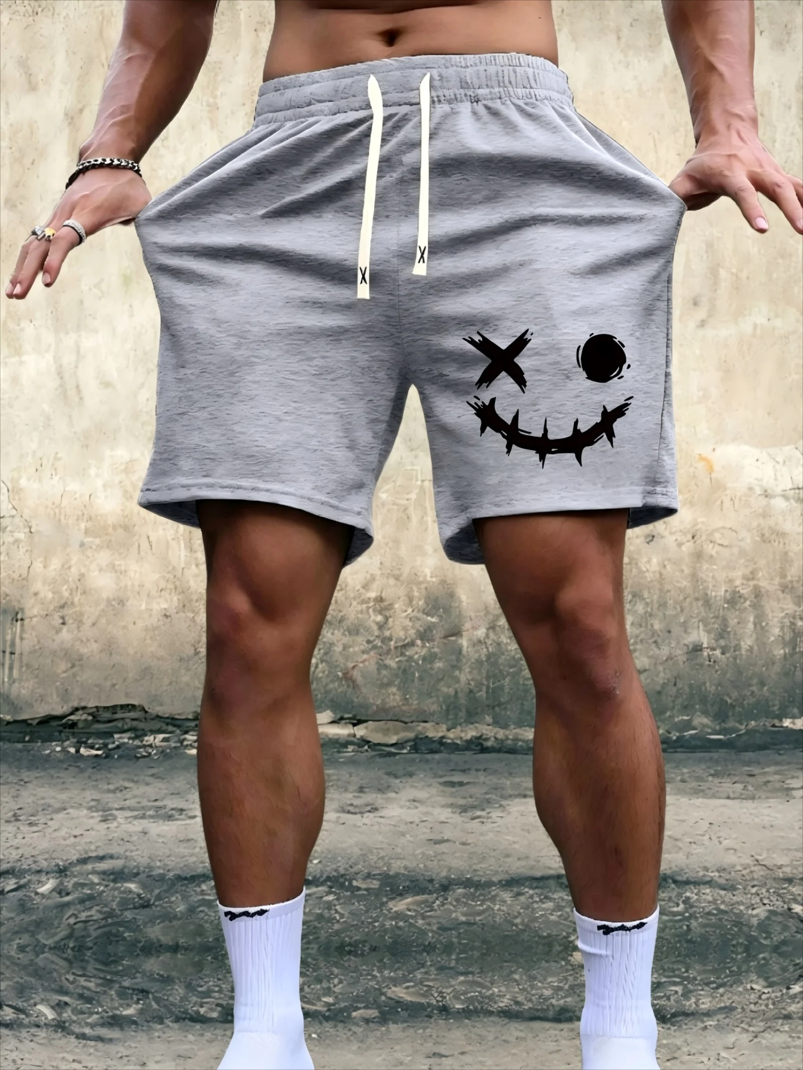 Men's Abstract Letter Printed Casual Shorts - Elastic Waist Design, Medium Waist Regular Version