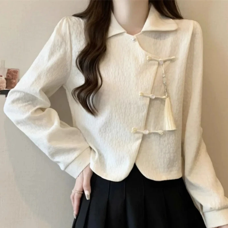 

Новые женские модные однотонные свободные и универсальные повседневные блузки с длинными рукавами и воротником-поло на пуговицах