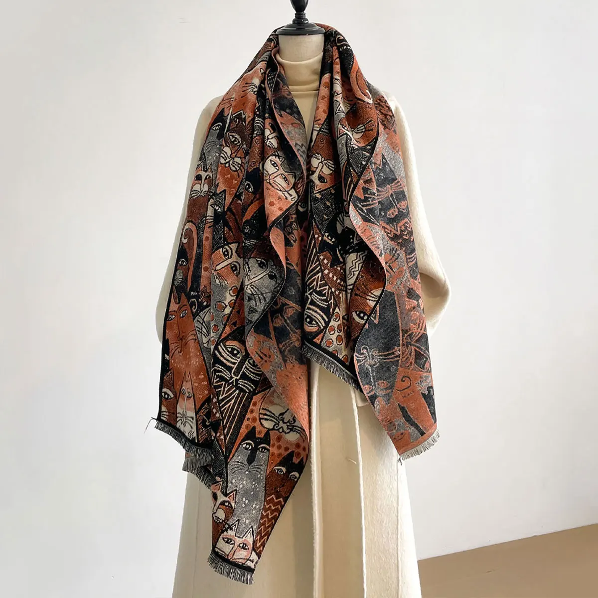 Damen High-End-Katzen-Design, Herbst-Winter, doppelseitiger Jacquard, Premium-Schals aus Kaschmirimitat, verdickter großer Schal – Detail 5