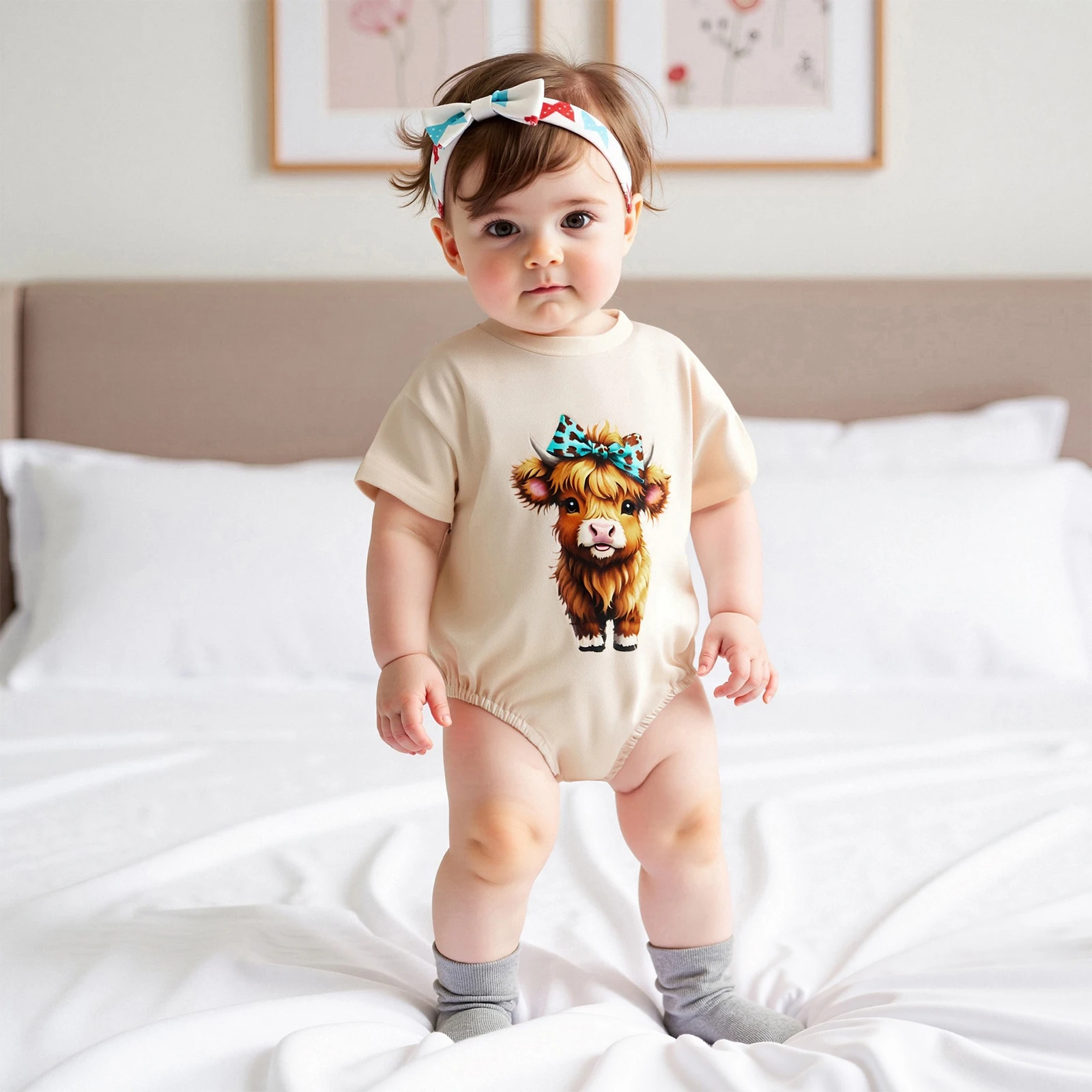 

Baby Clothing Girls Romper, Short Sleeve Crew Neck Highland Cow Print Infant Bodysuit Summer Clothes