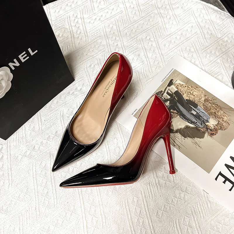 Spring pointed shallow patent leather color-blocking rhinestone sole single shoes banquet small size high-high-heled women shoes
