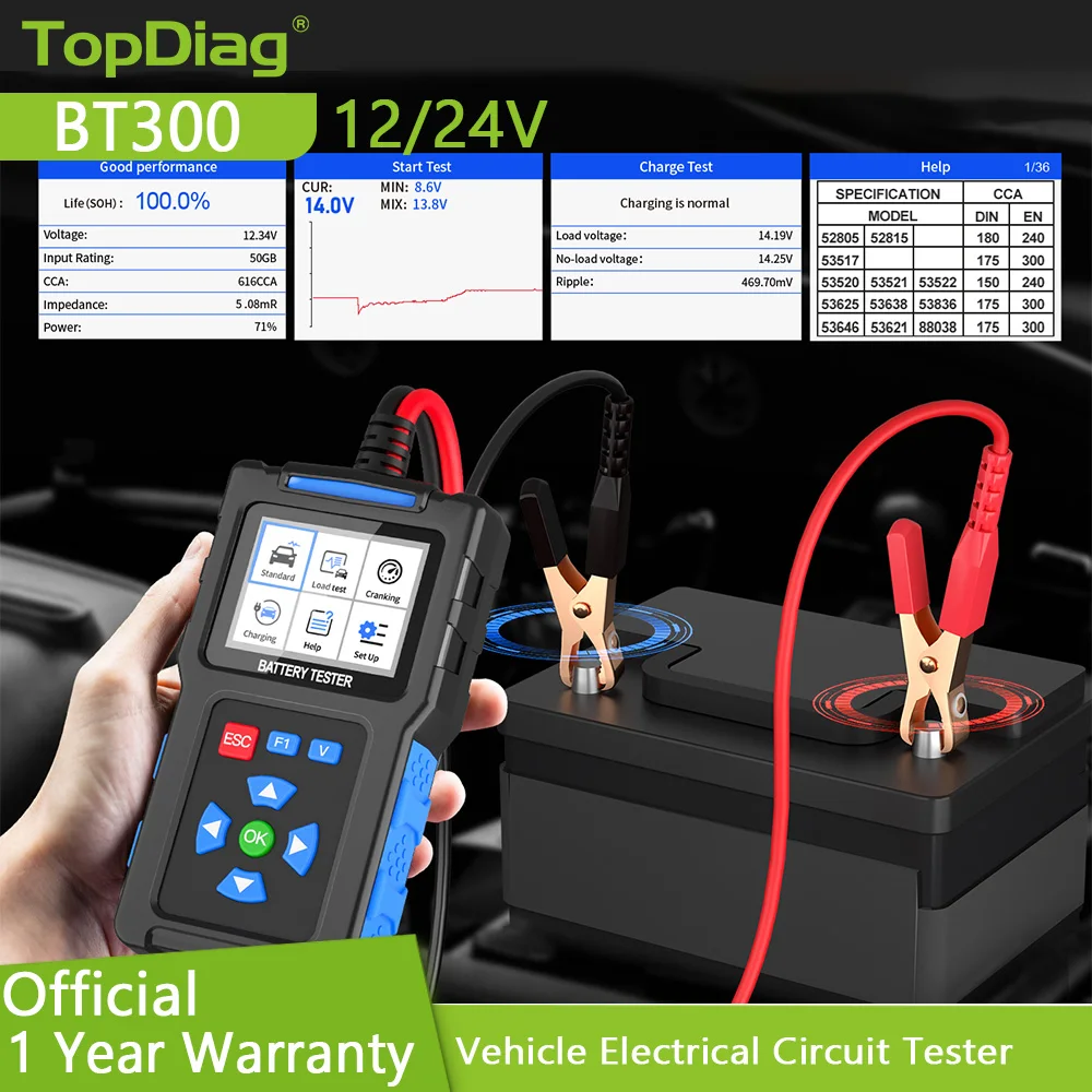 

TopDiag BT300 12V 24V Car Motorcycle Battery Tester Vehicle Moto Charger Test Tool 20 to 2000 CCA Auto Start Load Test Analyzer