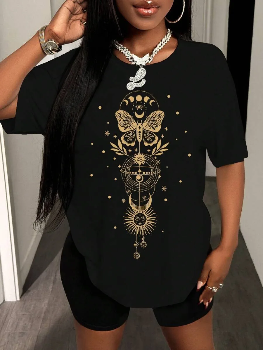 

Plus - Size Mystical Art Graphic Tee, Black Short - Sleeve with Gold Celestial Patterns
