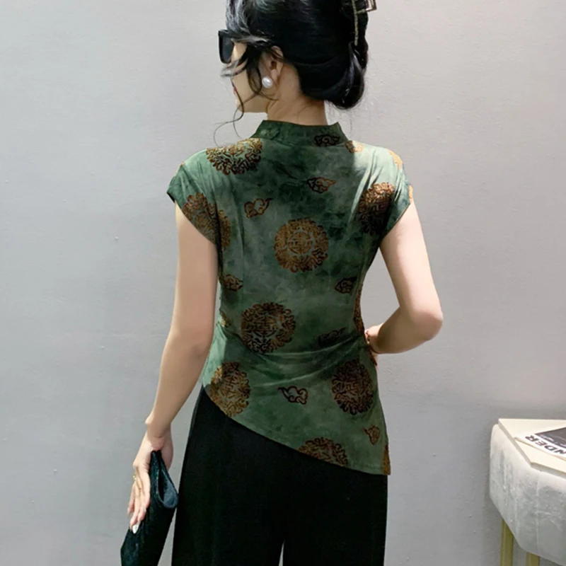 2024 New Summer Vintage Style T-Shirt Sexy Stand Hollow Out Cheongsam Buckle Irregular Pattern Tops Women Short Sleeve Tees 4301