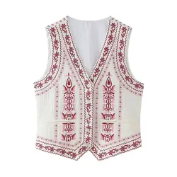 2024 Ethnic Embroidery Flower Open Buttons Waistcoat Women Patchwork Stripped Back BOHO Sleeveless Vest Jacket Vacation Tops