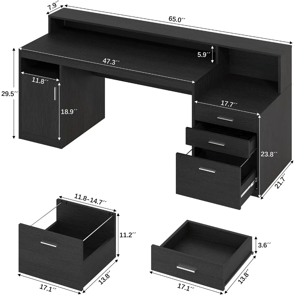 Computer Desk with 3 Drawer & Storage Shelves, Home Office Desk with File Drawer & Cabinet, Writing Study Table with Long Monito