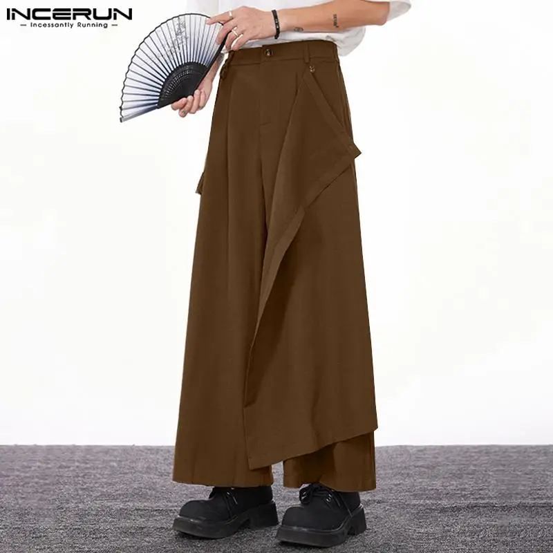 2024 Men Pants Solid Color Button Joggers Korean Casual Irregular Trousers Men Streetwear Loose Fashion Wide Leg Pants INCERUN