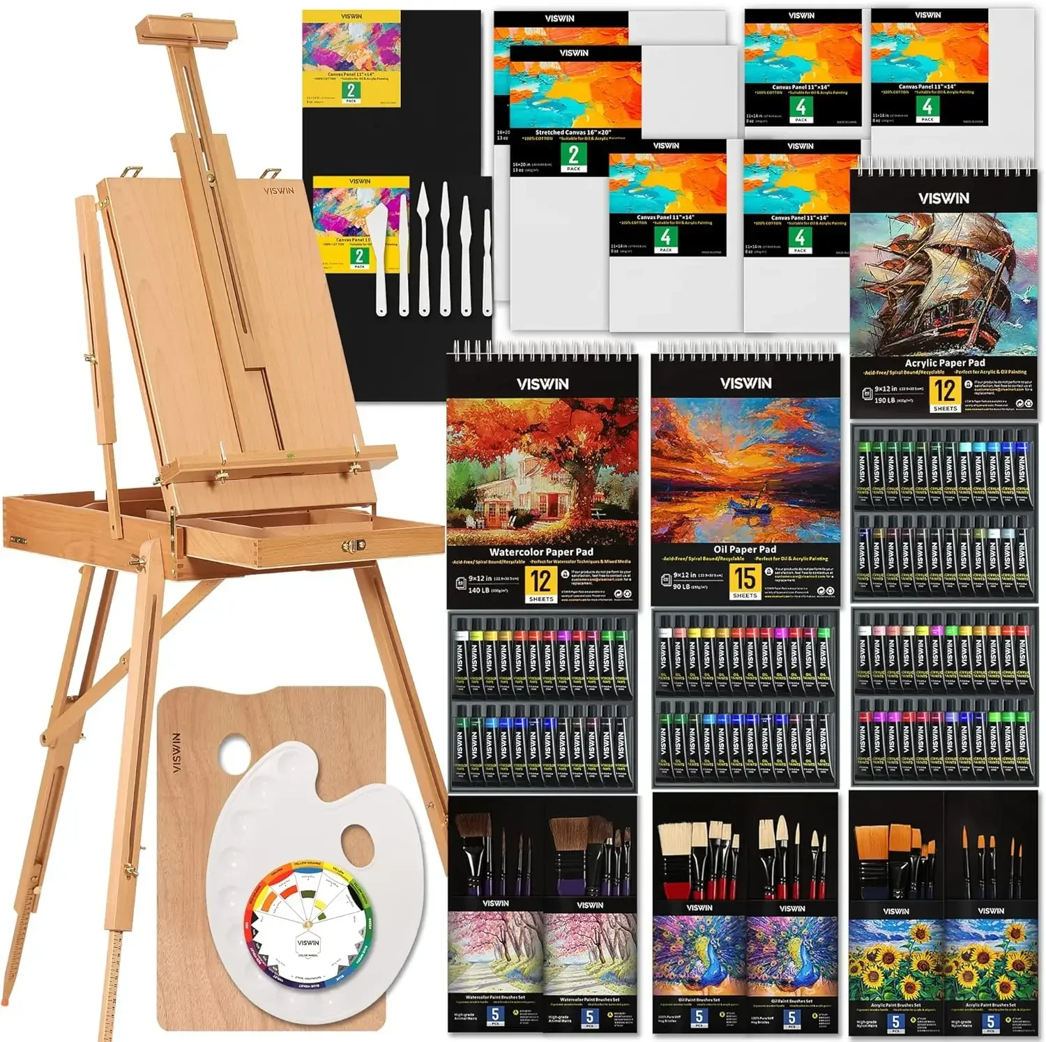 All-in-One Artist Painting Set, 147 Pcs Professional Painting Kit with French Easel, 96 Oil, Watercolor & Acrylic Paint Set, Can