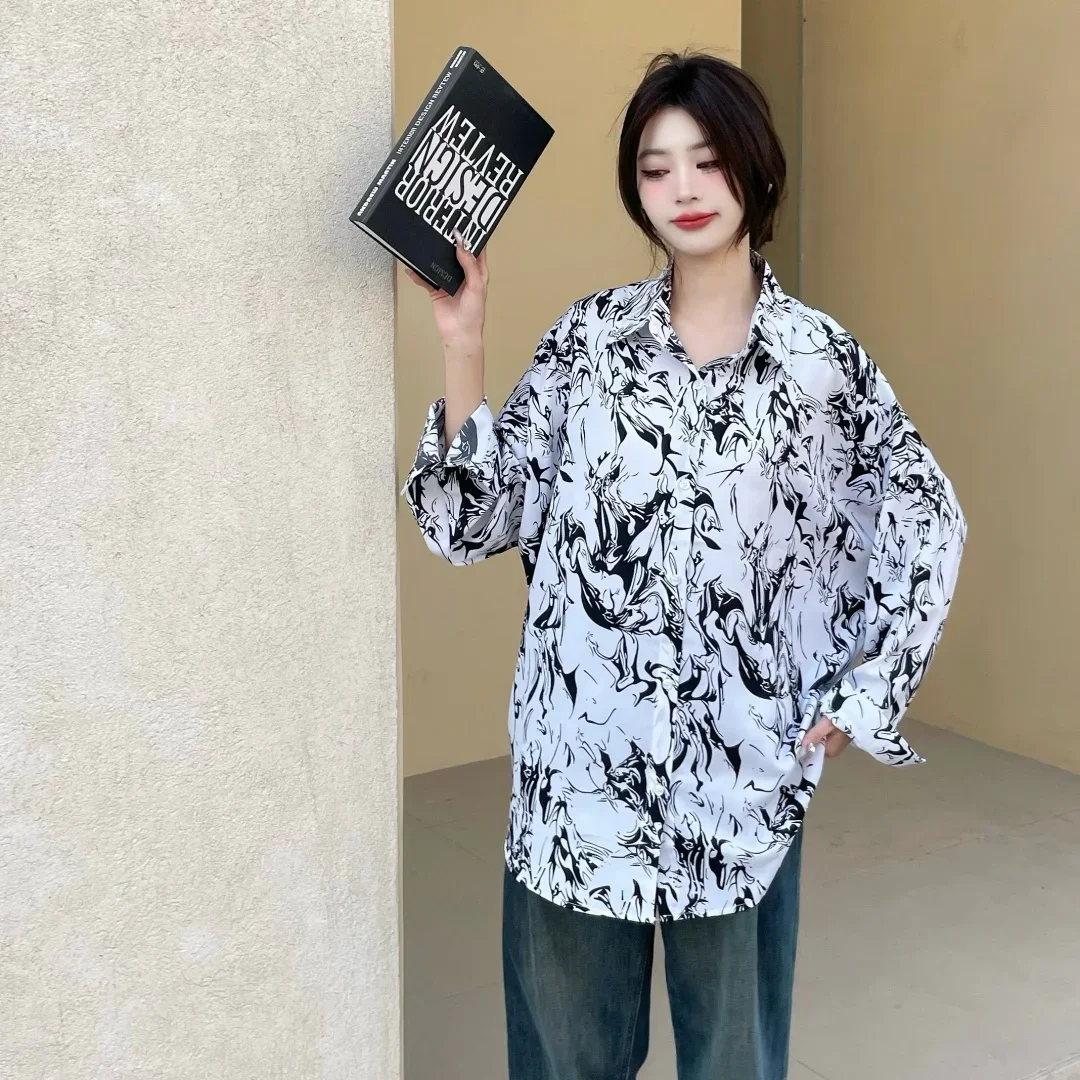Chemise rétro à manches longues pour femmes, haut décontracté, impression en temps réel, impression d'encre, coréen, printemps, nouveau, grande taille, A465