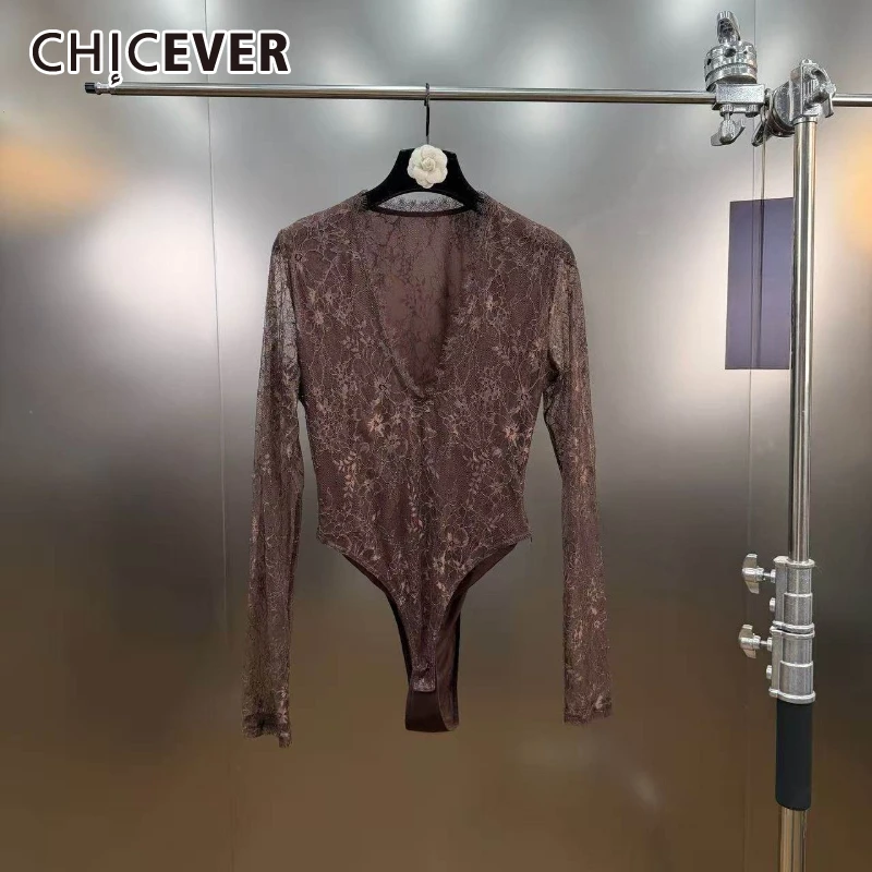 

CHICEVER Solid Spliced Lace French Jumpsuit Female V Neck Long Sleeve Loose Sexy Temperament Women's Jumpsuits Fashion New Style