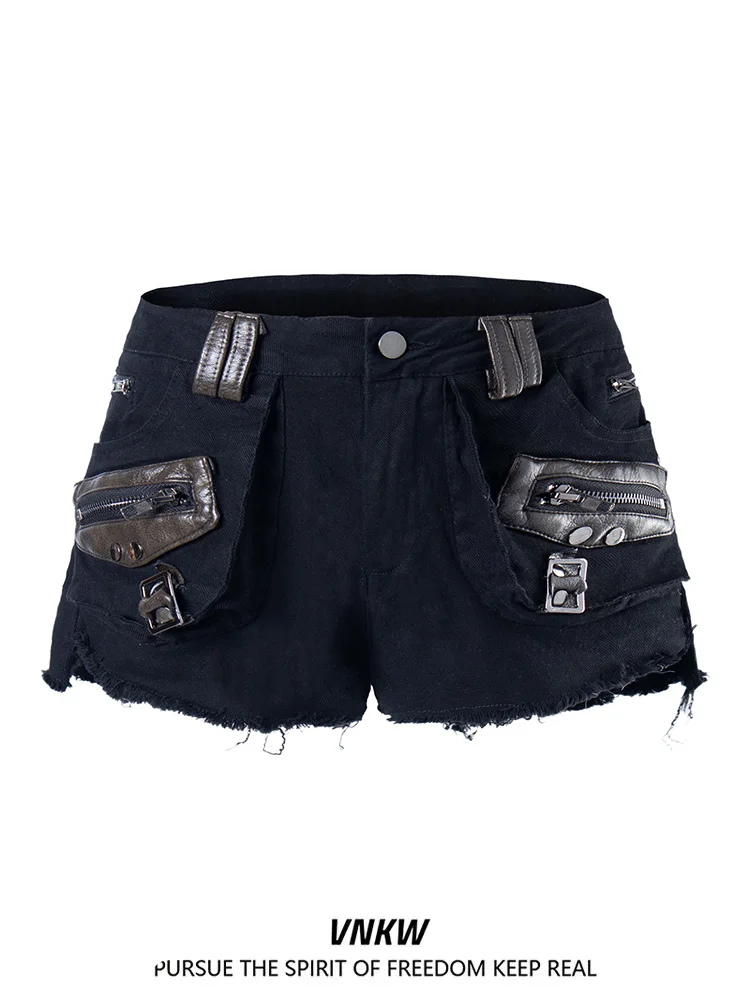 

Low Waist Denim Shorts Women's Punk Belt Decorated Multi Pocket American Retro Hot Pants Casual Straight Leg Jeans Shorts