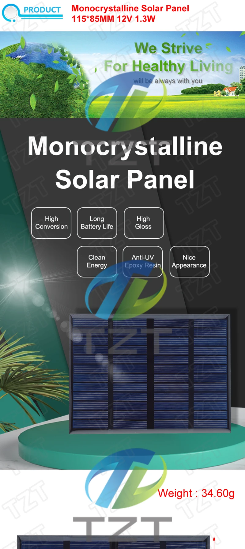 TZT 12V 1,3W 115x85MM Mini-Solarmodul Polycrystallines Silizium DIY Batterie-Lademodul Solarzellen-Ladeplatte – Detail 1