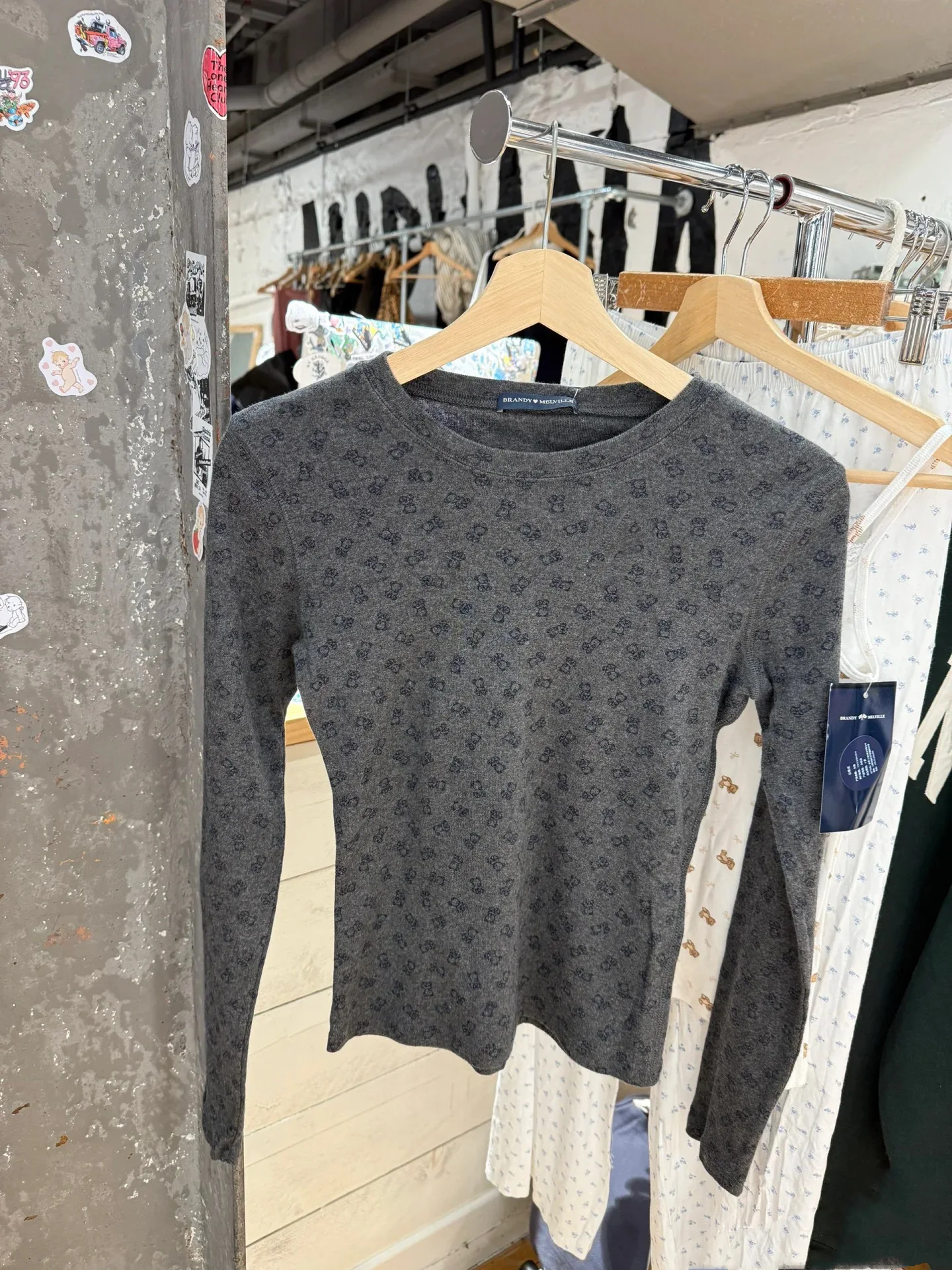 Cute Bear Print Gray Long Sleeve Women T-shirts Round Neck Tight Cotton Top Woman 2024 New Fall Y2k Street Tshirts Tee